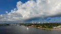 The view from a cruise ship of Port Everglades, in Ft. Lauderdale, Florida of the channel out to the ocean with a luxury yacht Royalty Free Stock Photo