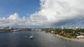 The view from a cruise ship of Port Everglades, in Ft. Lauderdale, Florida of the channel out to the ocean with a luxury yacht Royalty Free Stock Photo