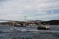 View of cruise tour boats and yachts, bridge and Asian side of Istanbul.