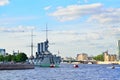 View of the cruiser Aurora, moored at the Petrograd embankment i