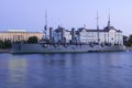 View of the cruiser Aurora on the Neva River at white night. Saint Petersburg Royalty Free Stock Photo