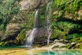 View of crystal clear water and small pond with waterfalls in the middle of the Triglav national park. Slap Virje, Virje waterfall