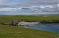 The view of Cunndal Beach and the scattered Crofting community of Eoropie at the Butt of Lewis in the Outer Hebrides.