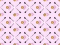 View of cups of fresh coffee, spoons and sugar on violet, seamless background pattern Royalty Free Stock Photo