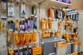 View of cutting tools and rotary cutters displayed in a craft supply aisle. Royalty Free Stock Photo
