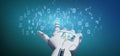 Cyborg hand holding a Data binary cloud 3d rendering
