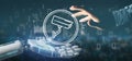 Cyborg holding Security camera system icon and statistics data - 3d rendering