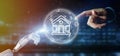 Cyborg holding Smart home interface with icon, stats and data 3d rendering