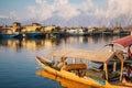 View of  Dal lake  and boat house before sunset in the heart of Srinagar during winter  , Srinagar , Kashmir , India Royalty Free Stock Photo