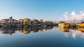 View of  Dal lake  and boat house before sunset in the heart of Srinagar during winter  , Srinagar , Kashmir , India Royalty Free Stock Photo