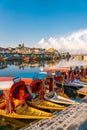 View of  Dal lake  and boat house before sunset in the heart of Srinagar during winter  , Srinagar , Kashmir , India Royalty Free Stock Photo