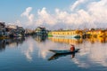 View of Dal lake and boat house before sunset in the heart of Srinagar during winter , Srinagar , Kashmir , India