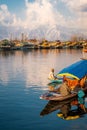 View of  Dal lake  and boat house before sunset in the heart of Srinagar during winter  , Srinagar , Kashmir , India Royalty Free Stock Photo