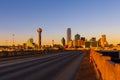 View of Dallas cityscape from the Houston St. Viaduct bridge during sunset