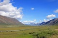 View of Dalton Highway with oil pipeline, leading from Valdez, Fairbanks to Prudhoe Bay, Alaska, USA