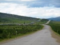 View of Dalton Highway with oil pipeline, leading from Valdez, Fairbanks to Prudhoe Bay, Alaska, USA