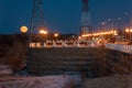 View of the dam in the city of Yakutsk during moonrise