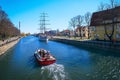 View of Dane river and sailboat or barquentine anchored in old town of Klaipeda, Lithuania