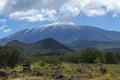 View on dangerous active stratovolcano Mount Etna on east coast of island Sicily, Italy