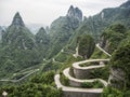 A view of the dangerous 99 curves at the Tongtian Road to Tianmen Mountain, The Heaven`s Gate at Zhangjiagie, Hunan Province, Ch Royalty Free Stock Photo