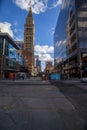 A view of the Daniels & Fisher Tower, Denver Clock Tower, as construction continues along the 16th street mall Denver, Colorado.