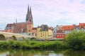 View of of Danube river bank and St. Peter`s Cathedral in Regensburg, Germany. Royalty Free Stock Photo