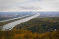 View of the Danube River and the city of Vienna, Austria on an autumn day. Royalty Free Stock Photo