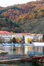 View of Danube river and Orsova city vegetation and buildings, waterfront view. Orsova, Romania, 2021