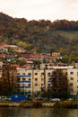 View of Danube river and Orsova city vegetation and buildings, waterfront view. Orsova, Romania, 2021