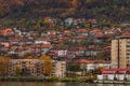 View of Danube river and Orsova city vegetation and buildings, waterfront view. Orsova, Romania, 2021