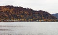 View of Danube river and Orsova city vegetation and buildings, waterfront view. Orsova, Romania, 2021