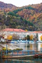 View of Danube river and Orsova city vegetation and buildings, waterfront view. Orsova, Romania, 2021