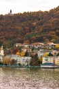 View of Danube river and Orsova city vegetation and buildings, waterfront view. Orsova, Romania, 2021