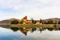 View of Danube river and Orsova city, waterfront view of local restaurant. Orsova, Romania, 2020