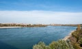 View of Danube river Petrovaradin fortress and city beach Strand of Novi Sad Serbia with blue sky above on sunny autumn day Royalty Free Stock Photo