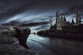 View of dark castle with dark sky