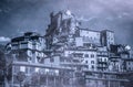 View of dark mountain village with castle, Subiaco Royalty Free Stock Photo