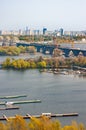 View of the Darnyts`ky Bridge road and railway over the Dnieper river in Kiev