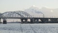 View of the Darnytsky railway bridge across the Dnipro River in Kyiv. Summer 2023, Kyiv, Ukraine.