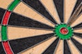 A View of a Dartboard with a dart in the Bullseye. Royalty Free Stock Photo