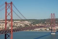 view of the 25 de Abril bridge in the south-north direction, Almada Lisboa from the atrium of the Cristo Rei