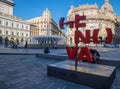 View of De Ferrari square in Genoa, Italy, the heart of the city with the central fountain. Royalty Free Stock Photo