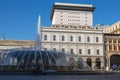 View of De Ferrari square in Genoa, Italy, the heart of the city with the central fountain. Royalty Free Stock Photo