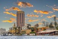 View from de Nile River of the skyscraper Sofitel Cairo Nile El Gezirah Hotel, Cairo, Egypt Royalty Free Stock Photo