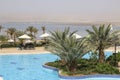 View of the Dead Sea from the pool area of one of the beachfront Royalty Free Stock Photo