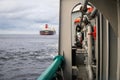 View from deck of AHTS ocean tug. Tanker vessel on background.