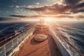 View of the deck of a luxury cruise ship against a stunning sunset sky and sea horizon. Beautiful sky, warm light of the Royalty Free Stock Photo