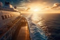 View of the deck of a luxury cruise ship against a stunning sunset sky and sea horizon. Beautiful sky, warm light of the Royalty Free Stock Photo