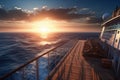 View of the deck of a luxury cruise ship against a stunning sunset sky and sea horizon. Beautiful sky, warm light of the Royalty Free Stock Photo