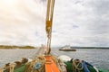 View from deck of sailing ship and Oslo fjord behind Royalty Free Stock Photo